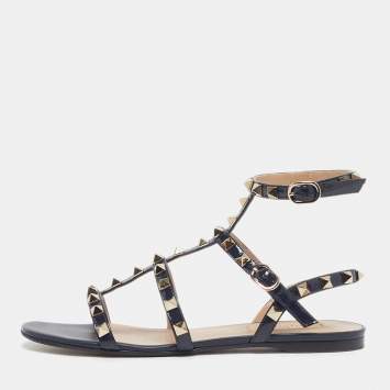 Pre Owned Valentino Rockstud Size 36 Navy Blue Patent Leather Ankle Strap Flat Sandals