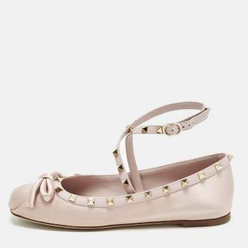 Pre Owned Valentino Rockstud Size 39 Pink Leather And Satin Ballet Flats
