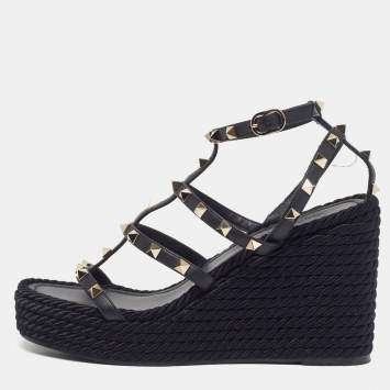 Pre Owned Valentino Torchon Size 38 Black Leather Wedge Sandals