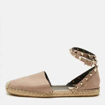 Pre Owned Valentino Rockstud Size 38 Beige Leather Ankle Wrap Espadrille Flats