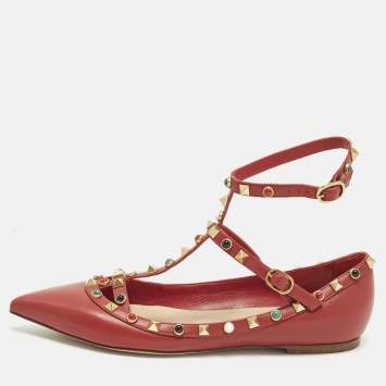 Pre Owned حذاء باليرينا فلات فالنتينو أحمر جلد مع حزام كاحل بمسامير مدلقة مقاس 39