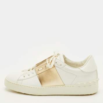 Pre Owned Valentino Rockstud Size 39.5 White/Gold Leather Low Top Sneakers