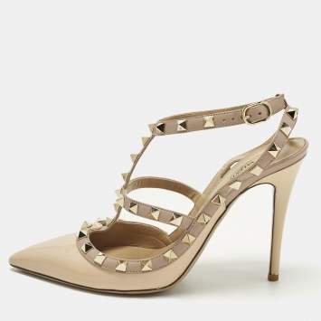 مملوكة مسبقًا Valentino Rockstud Size 39 Beige/Cream Leather and Patent Leather Pumps
