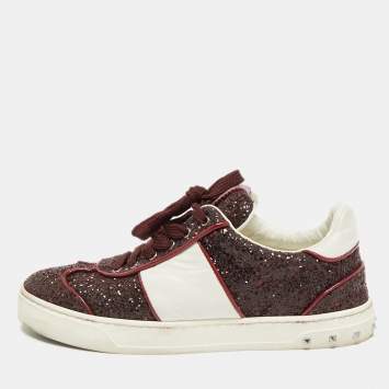 مملوكة مسبقًا Valentino Fly Crew Size 38 Burgundy/White Glitter and Leather Lace Up Sneakers