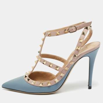 مملوكة مسبقًا حذاء كعب عالي فالنتينو روكستود جلد بيج بحزام للكاحل مقاس 39.5