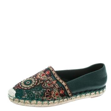 Pre Owned Valentino Green Embroidered Leather Espadrilles Size 35