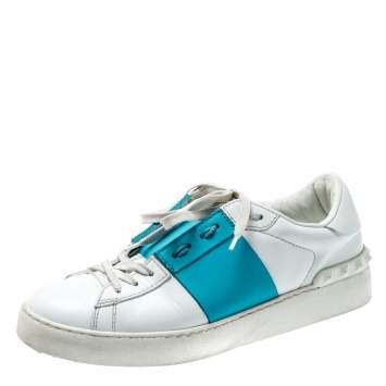 Pre Owned Valentino White And Blue Band Leather Open Low Top Sneakers Size 39