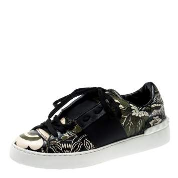 Pre Owned Valentino Green/Beige Floral Printed Leather Open Sneakers Size 39