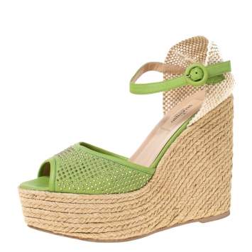 Pre Owned Valentino Green Studded Leather Espadrille Wedge Ankle Strap Sandals Size 39