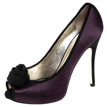 Pre Owned Valentino Purple/Black Two Tone Satin Rosette Peep Toe Platform Pumps Size 40
