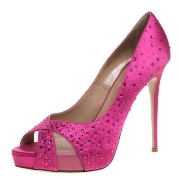 Pre Owned Valentino Pink Crystal Embellished Satin Peep Toe Platform Pumps Size 40