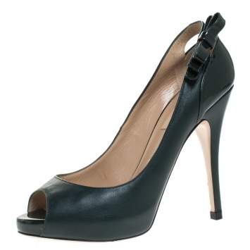 Pre Owned Valentino Green Leather And Patent Leather Bow Peep Toe Platform Pumps Size 37.5