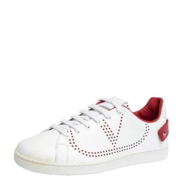 Pre Owned  Valentino Garavani White V-Logo Leather Sneakers Size IT 40.5
