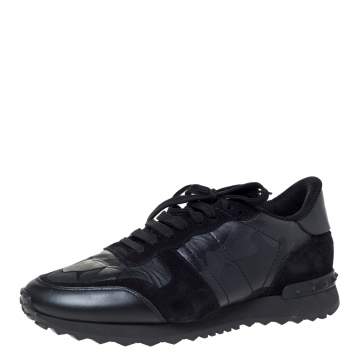 Pre Owned Valentino Black Camouflage Leather and Suede Rockrunner Sneakers Size 40.5