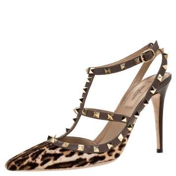 Pre Owned Valentino Taupe Grey/Brown Leopard Print Calfhair and Leather Rockstud Caged Sandals Size 40