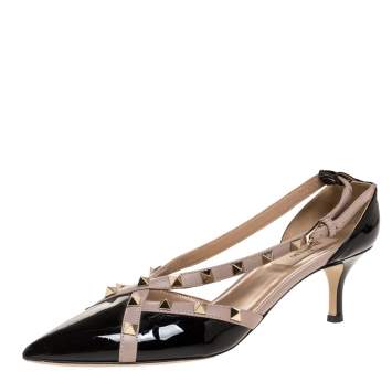Pre Owned Valentino Black/Beige Patent And Leather Studded Crisscross D'orsay Pumps Size 39