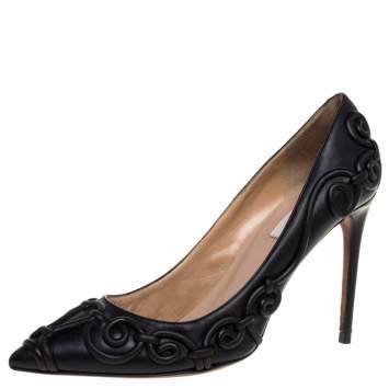 Pre Owned Valentino Black Leather Swirl Detail Pointed Toe Pumps Size 38.5