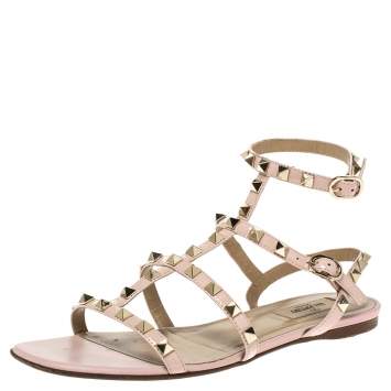 Pre Owned Valentino Pink Patent Leather Rockstud Cage Flat Sandals Size 38.5