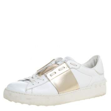 Pre Owned  Valentino White And Metallic Gold Band Leather Open Low Top Sneakers Size 38
