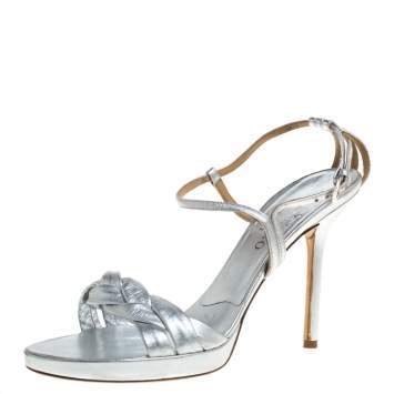 Pre Owned Valentino Silver Leather Braided Ankle Strap Sandals Size 38