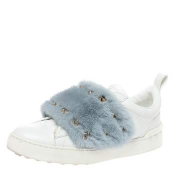 Pre Owned Valentino White/Grey Mink Fur And Leather Rockstud Low Top Sneakers Size 40.5