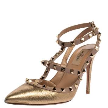 Pre Owned Valentino Gold Leather Rockstud Ankle Strap Sandals Size 38.5