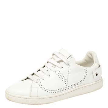 Pre Owned  Valentino White V-Logo Leather Rockstud Sneakers Size 38