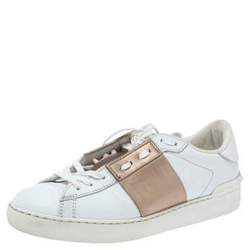 Pre Owned Valentino White and Metallic Gold Band Leather Open Low Top Sneakers Size 37