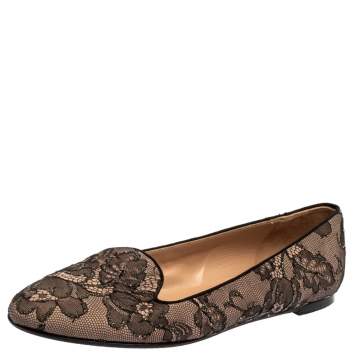 Pre Owned Valentino Black Glitter Lace Smoking Slippers Size 38.5