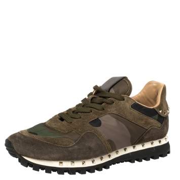 Pre Owned Valentino Military Green Camouflage Nylon and Suede Rockrunner Sneakers Size 39.5