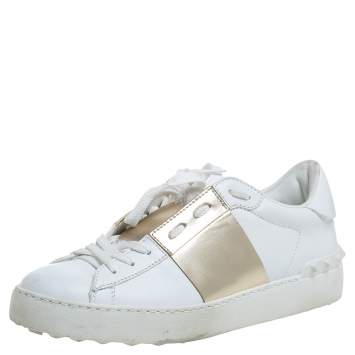 مملوكة مسبقًا Valentino White/Gold Band Leather Open Low Top Sneakers Size 38.5