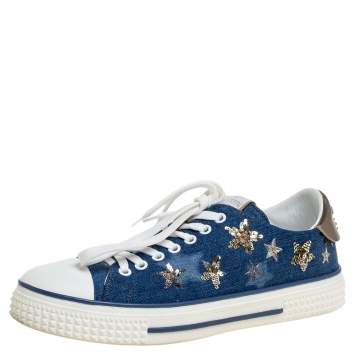 Pre Owned Valentino Blue Denim Sequin Low Top Sneakers Size 40