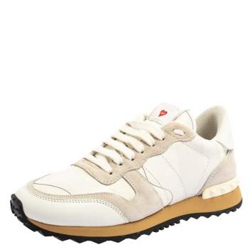 Pre Owned Valentino White/Grey Suede Leather And Canvas L'Amour Rockrunner Low Top Sneakers 38