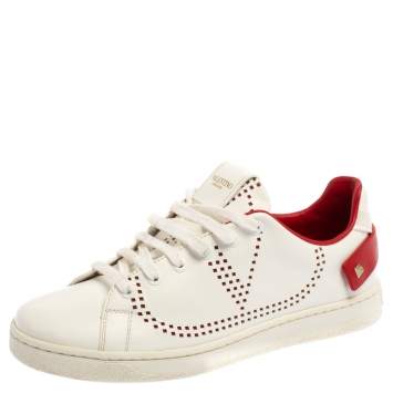 Pre Owned Valentino White Perforated Leather Backnet Rockstud Low Top Sneakers Size 37