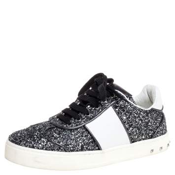 Pre Owned Valentino Metallic Grey/White Glitter And Leather Flycrew Low Top Sneakers Size 37