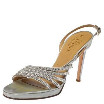 Pre Owned Valentino Light Grey Satin Crystal Embellished Slingback Sandals Size 39.5