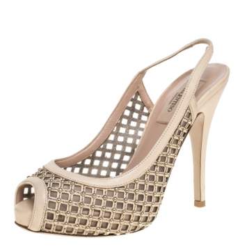 Pre Owned Valentino Beige Lattice Leather And Mesh Studded Slingback Platform Sandals Size 36