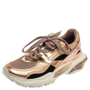 Pre Owned Valentino Metallic Bronze/Black Leather And Mesh Bounce Low Top Sneakers Size 39