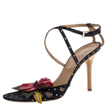 Valentino Black Satin Polka Dot Floral Embellished Ankle Strap Sandals Size 36