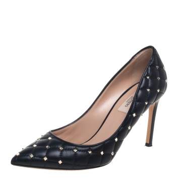 Pre Owned Valentino Black Quilted Leather Studded Pointed Toe Pumps Size 37.5