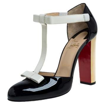 Pre Owned Christian Louboutin Black/Off White Patent Leather T Strap Pumps Size 40