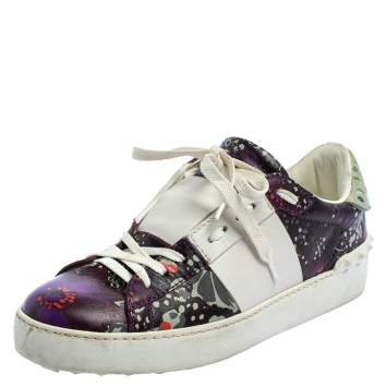 Pre Owned Valentino White/Purple Floral Printed Leather Low Top Sneakers Size 36