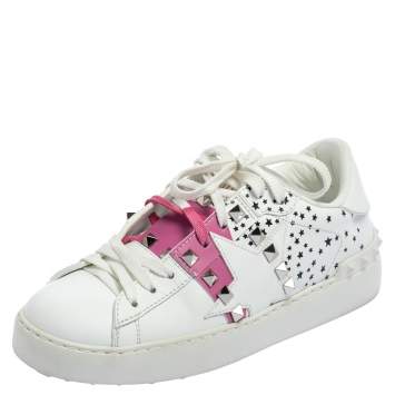 Pre Owned Valentino White/Pink Leather Untitled Low Top Sneakers Size 35.5