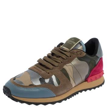 Pre Owned Valentino Multicolor Canvas And Suede Rockrunner Camouflage Low Top Sneakers Size 38