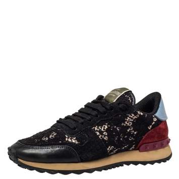 Pre Owned Valentino Black Leather And Lace Rockrunner Sneakers Size 37