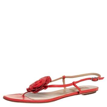 Pre Owned Valentino Red Leather Floral Flat Sandals Size 38.5