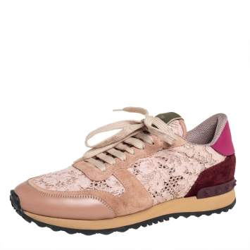 Pre Owned Valentino Pink Lace And Leather Rockrunner Sneakers Size 39.5