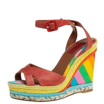 Pre Owned Valentino Red Suede Criss Cross Wedge Espadrille Sandals Size 38