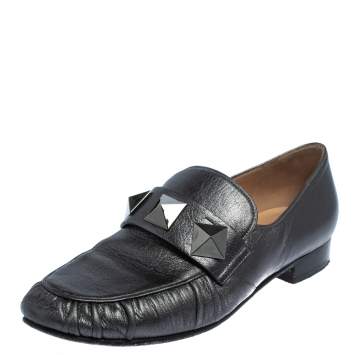 Pre Owned Valentino Metallic Grey Leather Rockstud Loafers Size 36