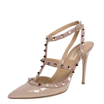 Pre Owned Valentino Beige Patent And Leather Rockstud Ankle Strap Sandals Size 39.5
